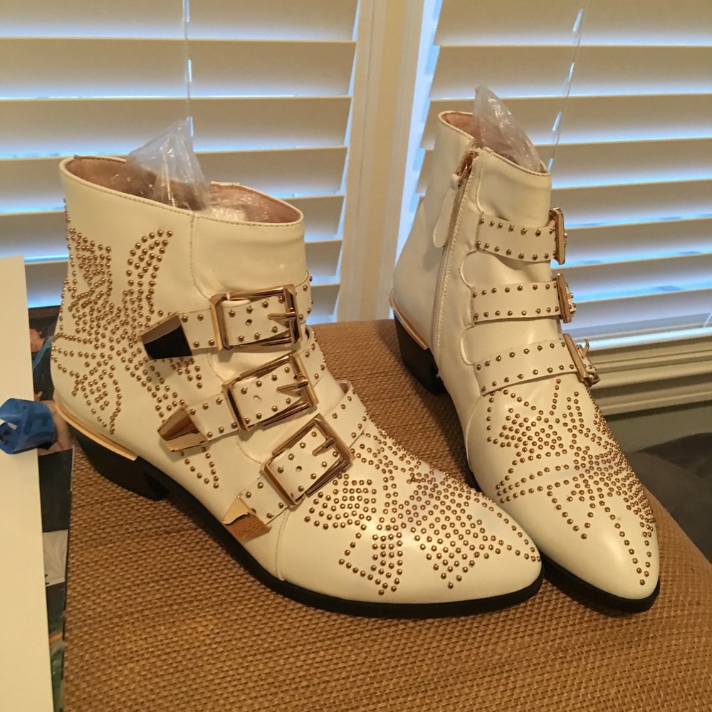 Gold Studded Leather White Rivet Buckle Booties